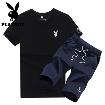 花花公子（PLAYBOY） 短袖 男士T恤 黑t藍(lán)褲 
