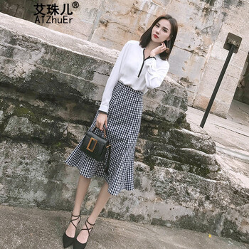 艾珠兒（Aizhuer） 千鳥格 口袋，荷葉邊，格子，印花 連衣裙