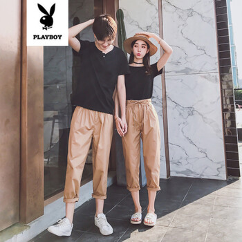 花花公子（PLAYBOY ESTABLISHED 1953） 短袖 男士T恤 黑衣+駝色褲 