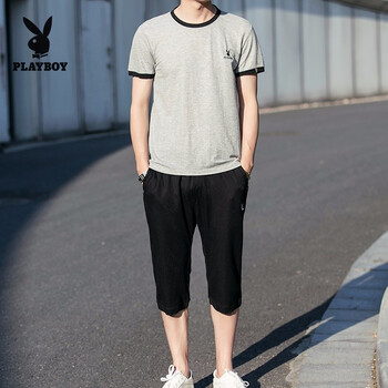 花花公子（PLAYBOY） 短袖 男士T恤 1915淺灰+七分褲 