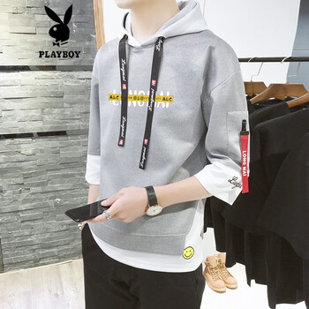 花花公子（PLAYBOY ESTABLISHED 1953） 五分袖 男士T恤 麻灰色 