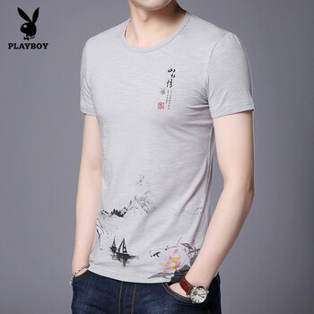 花花公子（PLAYBOY ESTABLISHED 1953） 短袖 男士T恤 灰色 HP-7863 
