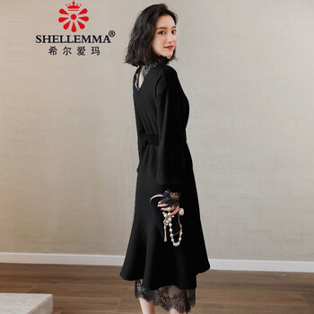 希爾愛(ài)瑪（SHELLEMMA） 純色 荷葉邊，拼接，蕾絲，立體裝飾，紗網(wǎng) 連衣裙