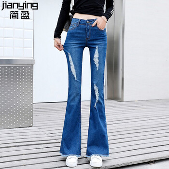 簡(jiǎn)盈（JianYing） 高腰 微喇褲 女 長(zhǎng)褲 牛仔褲