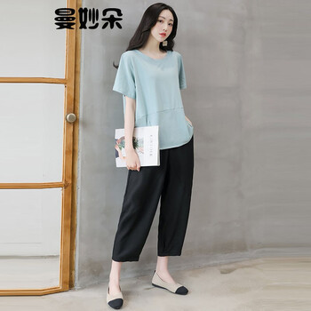 曼妙朵（manmiaoduo） 高腰 闊腿褲 女 九分褲 休閑褲