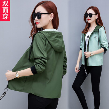 涵晰（HANXI） 連帽 長袖 女 短外套 口袋，拉鏈，多口袋，印花，帶帽，水洗