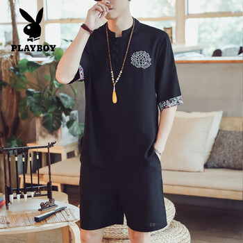 花花公子（PLAYBOY） 五分袖 男士T恤 黑色TZ05 