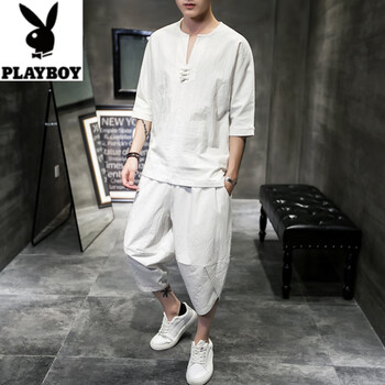花花公子（PLAYBOY） 七分袖 男士T恤 W18白色 
