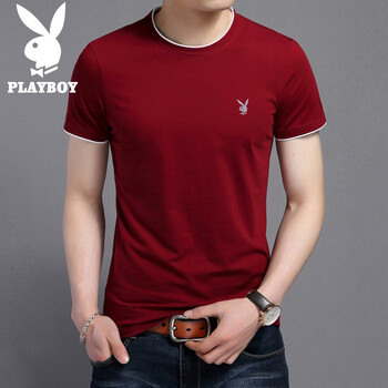 花花公子（PLAYBOY） 長(cháng)袖 男士T恤 酒紅短袖   