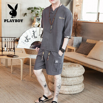 花花公子（PLAYBOY） 五分袖 男士T恤 灰色 