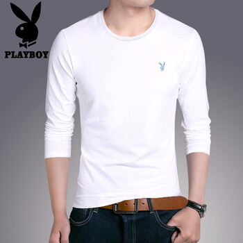 花花公子（PLAYBOY ESTABLISHED 1953） 長袖 男士T恤 白色（圓領） 