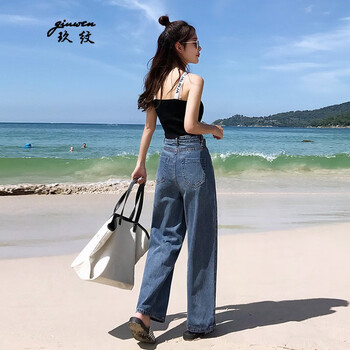 玖紋（giuwen） 高腰 直筒褲 女 長(zhǎng)褲 牛仔褲