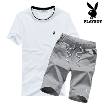 花花公子（PLAYBOY） 短袖 男士T恤 白色上衣+灰色五分褲(圓領(lǐng)) 