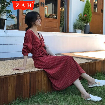ZAH 格子 格子，綁帶 連衣裙
