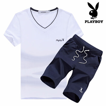花花公子（PLAYBOY） 短袖 男士T恤 白色V領(lǐng)+深藍(lán)短褲 