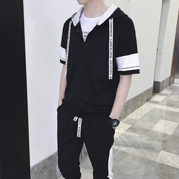 FIVEMACKCOCO 短袖 男士T恤 DS47黑【開衫上衣+褲子】 