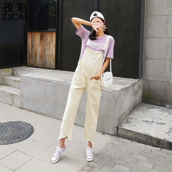 孜彩（ZICAI） 高腰 背帶褲 女 九分褲 牛仔褲