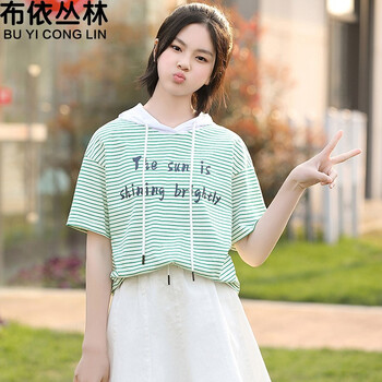 布依叢林（Buyiconglin） 條紋，印花，帶帽 短袖 T恤 女 連帽