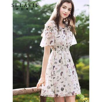 薩拉維夫（SLLAVIF） 碎花 荷葉邊，抽褶，拼接，印花，蝴蝶結(jié) 連衣裙