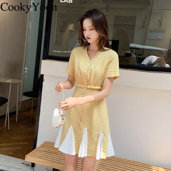 CookyYoon 純色 中國(guó)結(jié)，不對(duì)稱，拼接，不規(guī)則，拼色，綁帶，褶皺，木耳邊 連衣裙