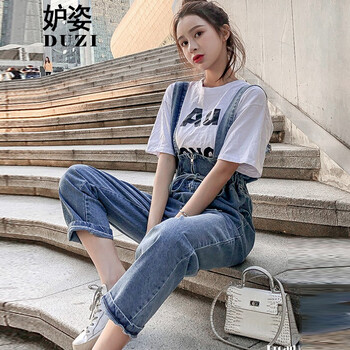 妒姿（DUZI） 高腰 背帶褲 女 長褲 牛仔褲