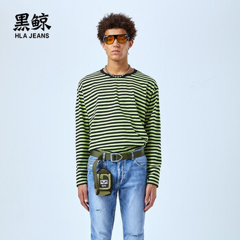 黑鯨（HLAJEANS） 長袖 男士T恤 淺綠條紋05 