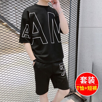 PLAYYOUNG 五分袖 男士T恤 黑色短袖+黑色短褲 