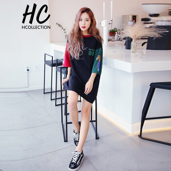 Hcollection 卡通動漫，創(chuàng)意趣味，字母 拼接，撞色，拼色，印花 連衣裙