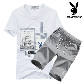 花花公子（PLAYBOY） 短袖 男士T恤 白色+灰色 