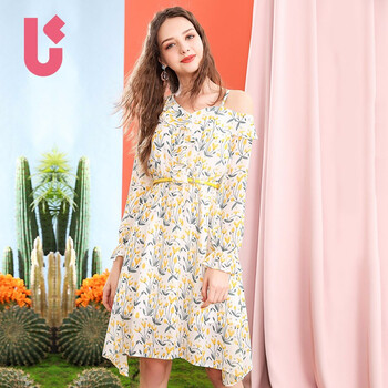 UGOCCAM 碎花 荷葉邊，不對稱(chēng)，不規則，綁帶，印花 連衣裙