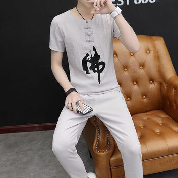 deciuhlae 七分袖 男士T恤 【短袖長(zhǎng)褲套裝】佛字灰色 