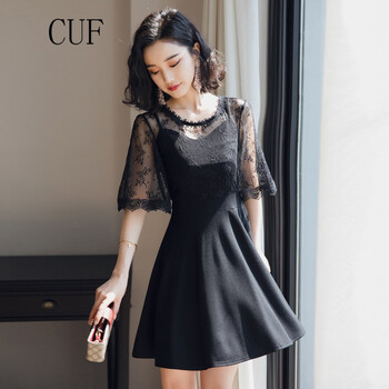 CUF 純色 拼接，鏤空，蕾絲，紗網(wǎng) 連衣裙