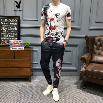 花花公子（PLAYBOY ESTABLISHED 1953） 短袖 男士T恤 CZ99白色長(zhǎng)褲 