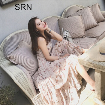 SRN 碎花 露肩，背帶，拉鏈，褶皺，印花 連衣裙