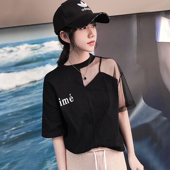 義蘭 蕾絲拼接，紗網(wǎng) 短袖 T恤 女 圓領