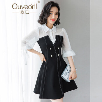 歐已（OUVEO'RLL） 純色 拼接，紗網(wǎng) 連衣裙