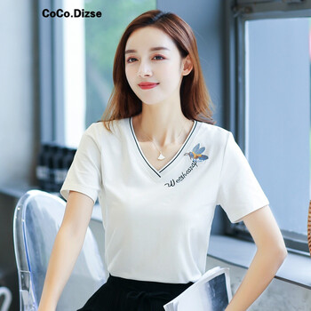 CoCo.Dizse 繡花 短袖 T恤 女 V領