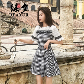綠夕（REAXUR） 格子 拼接，格子，拉鏈 連衣裙