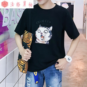 ESX 七分袖 男士T恤 小貓頭五分 黑色 