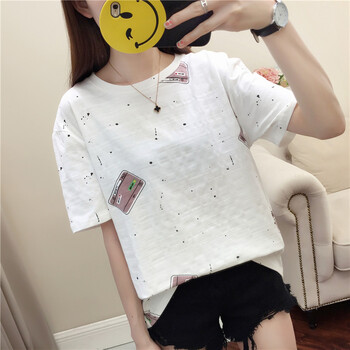 明德夢(mèng)（MINGDEMENG） 3D，流蘇，明線(xiàn)裝飾 短袖 T恤 女 圓領(lǐng)