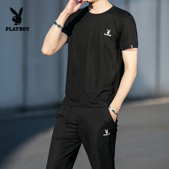 花花公子（PLAYBOY） 短袖 男士T恤 黑色上衣+黑色長(zhǎng)褲（套裝） 