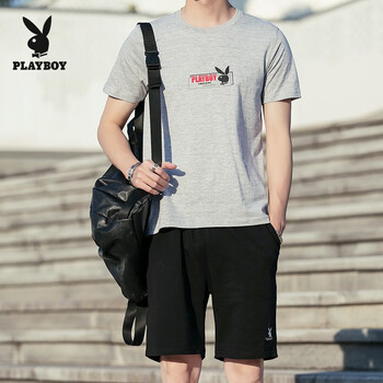 花花公子（PLAYBOY） 短袖 男士T恤 灰色+黑色短褲 