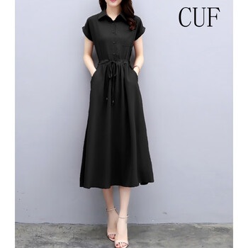 CUF 純色 口袋，抽褶，紐扣，綁帶，褶皺，多口袋 連衣裙