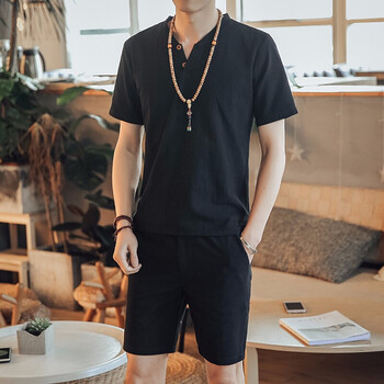 咔獅瀾 長(cháng)袖 男士T恤 棉麻黑色 