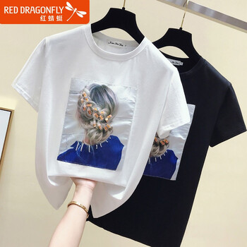 紅蜻蜓（RED DRAGONFLY） 拼接，印花，貼布，立體裝飾 短袖 T恤 女 圓領(lǐng)