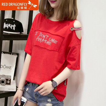 紅蜻蜓（RED DRAGONFLY） 露肩，拼接，印花 短袖 T恤 女 圓領