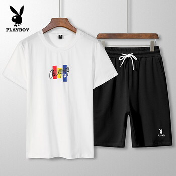 花花公子（PLAYBOY） 短袖 男士T恤 白色上衣+黑色短褲1917 