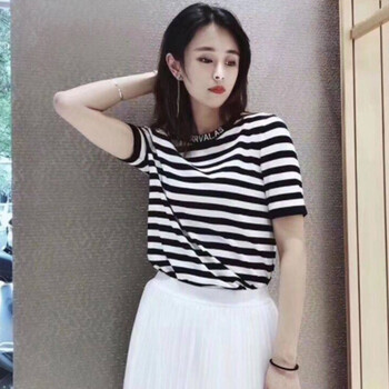 簡哥弟婭 條紋 短袖 T恤 女 圓領(lǐng)