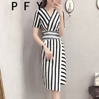 PFY 條紋 拼接 連衣裙