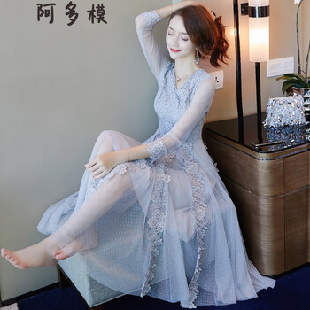 阿多模 純色 拼接，拉鏈，鏤空，蕾絲，紗網(wǎng) 連衣裙